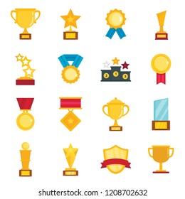 Flat pictures set of different gold trophy. Vector cup prize, award to champion vector illustration isolated on white background