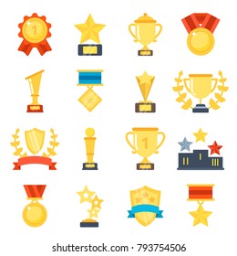 Flat pictures set of different trophy. Vector cup prize, award to champion illustration