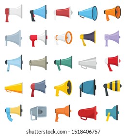 Flat pictures set of loud speakers. Symbols for promotion and announce. Speaker and megaphone, loudspeaker for announcement isolated on white background