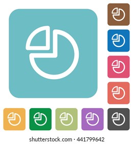 Flat pie chart icons on rounded square color backgrounds.