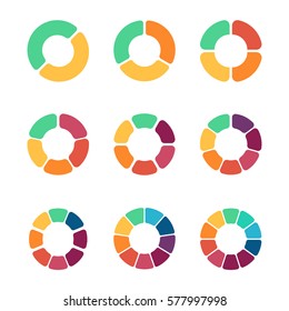 Flat pie chart set in modern style for web design or mobile app.Vector color illustrations for presentations, reports, etc. Round diagram flat icons. Original logos on white background.