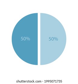 Flat pie chart vector icon in blue color showing 50 and 50 percents isolated on white background. Circle diagram for infographics