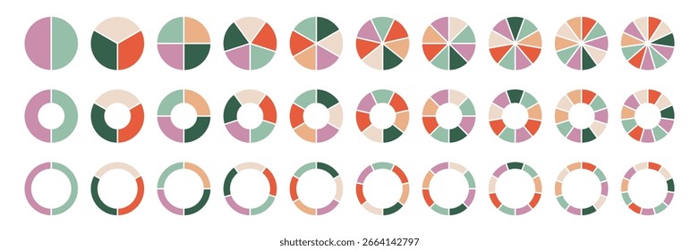Flat pie and donut chart icons in modern pastel palette. Minimal geometric circle segment from 1 to 11 for infographics, dashboards, UI design, presentation, analytics, statistics, marketing report