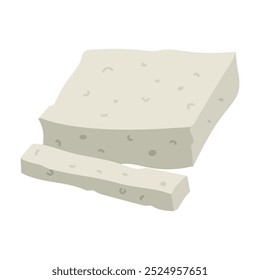 flat piece of rectangular feta cheese is sliced, highlighted on white. A whole piece of pressed dairy product with sliced long slices. White Greek curd cheese made from sheep's milk, beans