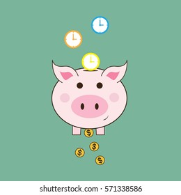 Flat pig and color clock. budgeting illustration concept
