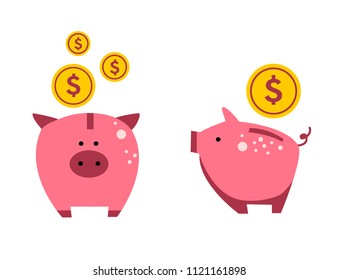 Flat pig and gold coin isolated on white background