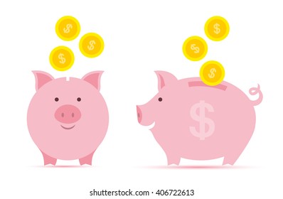 Flat Pig And Gold Coin Isolated On Whute Background. Piggybank Illustration Concept. Bank Economy