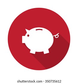 Flat Piggy Bank icon with long shadow on red circle