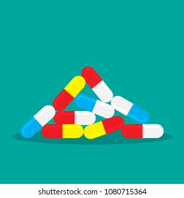 Flat pile of capsule pills. Isolated medicine vector illustration. Drug or painkiller concept.