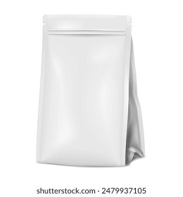 Flat pinch bottom zipper plastic bag. Realistic vector mock-up. Blank white gusseted pouch packaging with zip lock and tear notches. Mockup. Template for design