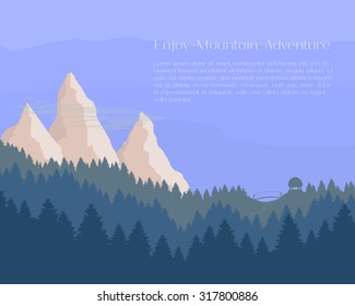 Flat pine forest and mountains in blue colors. Travel banner, card, presentation background template, invitation, flyer. Nature landscape graphics. Vector illustration.