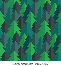 Flat Pine Forest Seamless Vector Pattern In Blue Green And Turquoise Colors