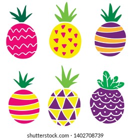 Flat pineapples, bright cartoon drawings