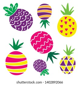 Flat pineapples, bright cartoon drawings