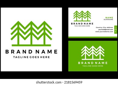 Flat pines tree logo with business card design