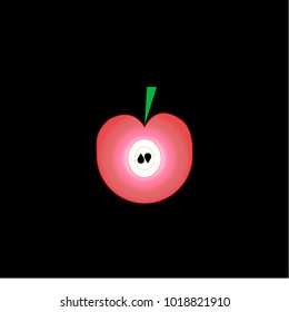 flat pink apple with seeds and green leaf on black background. Vector illustration 