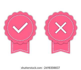 Flat pink check and cross badge icons on white background. Modern labels with tick and X mark for approval, cancel, or decision concept.
