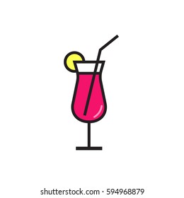 Flat pink cocktail with tubule and fruit on white background