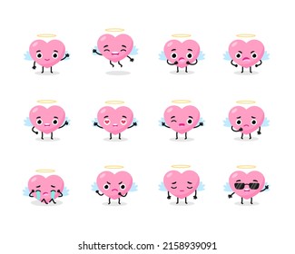 Flat pink collection emotions angel heart head face with wings. 