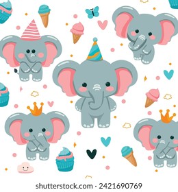 flat pink cute elephant cartoon set design for birthday