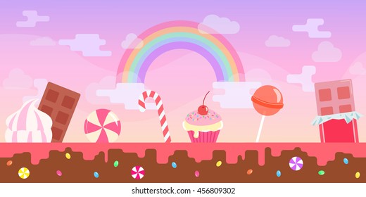 Flat pink fantasy candy game background illustration 