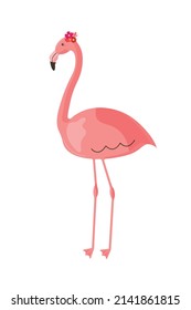 Flat pink flamingo isolated on white background. Template for card, fashion, poster, banner, invitation, greeting. Vector illustration