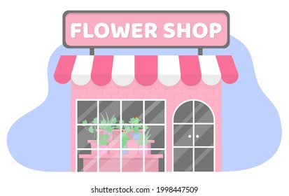 Flat pink flower shop. Building with panoramic windows and a door. Illustration