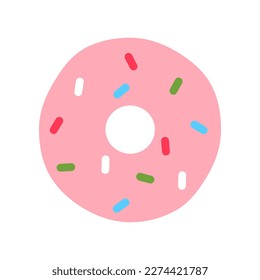 Flat pink glazed donut decorated with colorful sprinkles. Tasty baked fried unhealthy frosting dessert isolated on white background. Tasty doughnut art. Delicious junk food minimal vector illustration