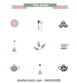 Flat pink, green, blue tea icons on white: tea spoons, lemon slice, sugar cubes, steam cups, teapots, tea bag, tea leafs, stock vector illustration