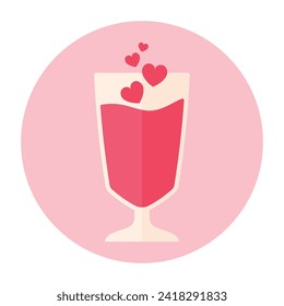 Flat Pink Love Drink in Cocktail Glass for Valentines Drink Icon Doodle Vector Illustration Ioslated with Heart Shape