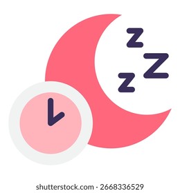 Flach rosa Mond und Uhr Symbol geeignet für Schlaf, Wellness, oder Schlafenszeit UI und Marketing-Materialien.