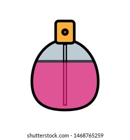 Flat pink purple icon is a simple fashionable glamorous cosmetics, glass bottle with perfume, adicolon, toilet water with a pleasant smell and beauty guidance. Vector illustration