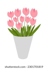 Flat pink tulips bouquet in vase vector illustration. Pink tulips in grey vase isolated