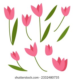 Flat pink tulips bouquet in vase vector illustration. Pink tulips in grey vase isolated