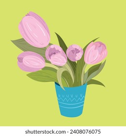 Flat pink tulips bouquet in vase vector illustration. Pink tulips in blue vase isolated. For holidays, 8th march, 14th february, international woman day. valentine day, interior