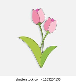 Flat pink two tulips on isolated white background. For illustrations in bright colors for stickers, labels, tags, scrap booking. 