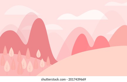 Flat, pink vector of a nature scene with hills, mountains, trees and a cloudy sky. The illustration has blank copy space with room for text. Great for backgrounds, backdrops, banners and posters.