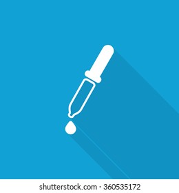 Flat Pipette icon with long shadow on blue backround