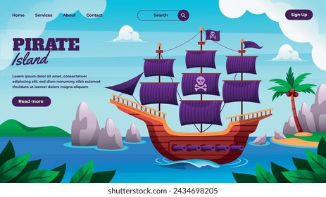 Flat pirate landing page template with a pirate ship on coast la