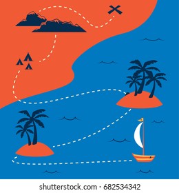 flat pirate treasure map with unique vintage summer color