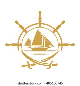 Flat pirate yacht icon. Boat logo with wheel and swords. Vector illustration sign.