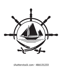 Flat pirate yacht icon. Boat logo with wheel and swords. Vector illustration sign.