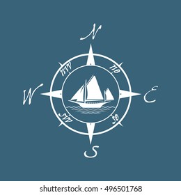 Flat pirate yacht icon with compass. Boat logo with water on blue background. T-shirt design consept. Vector illustration sign.