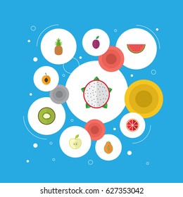 Flat Pitaya, Apricot, Pawpaw And Other Vector Elements. Set Of Dessert Flat Symbols Also Includes Slice, Watermelon, Apple Objects.