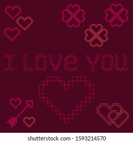 Flat pixel art heart with words I Love You for Valentine's Day. Vector illustration.