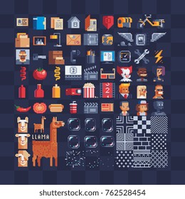 Flat pixel art icons big set. Llama characters. Cinema symbols. Clown, politician, blonde and robot avatars. Sauces. Office tools. Motorcycle.  Isolated vector illustration. 8-bit sprites.