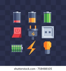 Flat pixel art icons set. Battery, charger, socket, plug, electric switch and lightbulb. Pixel art style. 8-bit sprite. Old school computer graphic style. Isolated vector illustration. 