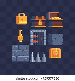 Conjunto de iconos de arte de píxeles planos. Padlock, pecho, oro, puertas, llave, pared y moneda.Estilo de arte de Pixel. 8 bits. Sprite de videojuegos. Estilo gráfico de computadora de la vieja escuela. Ilustración vectorial aislada. 