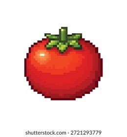 Ilustración plana del arte del pixel de un tomate rojo con las hojas verdes. Icono vegetal de estilo retro de 8 bits para juegos y Diseño web aislado en blanco.