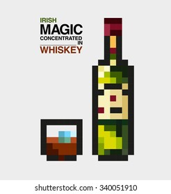 Flat pixel art style composition of elite alcoholic drinks, button, advertising card for menu, coffee and web sites, whiskey, cognac with message: Irish magic concentrated in whiskey.
